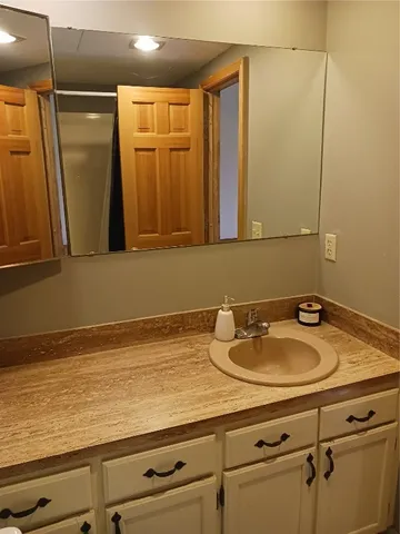 a bathroom with a sink and a mirror