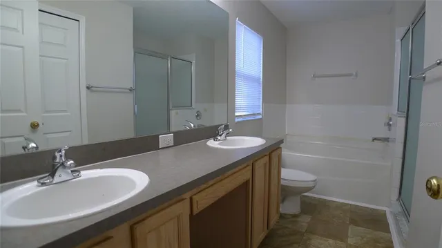 a bathroom with a double vanity sink toilet mirror and bathtub