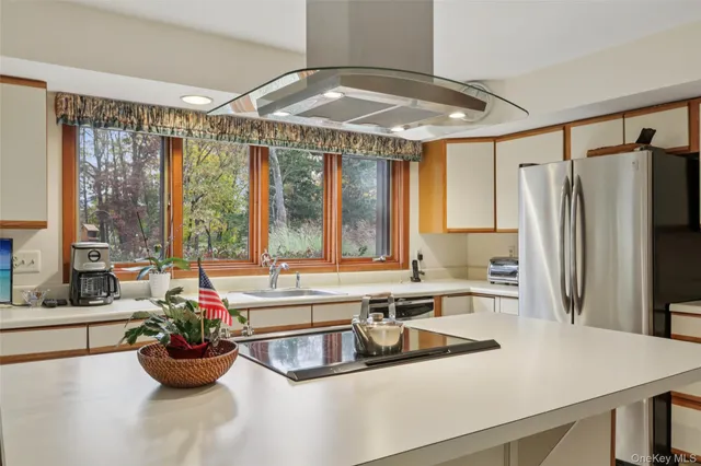a kitchen with a refrigerator and a sink