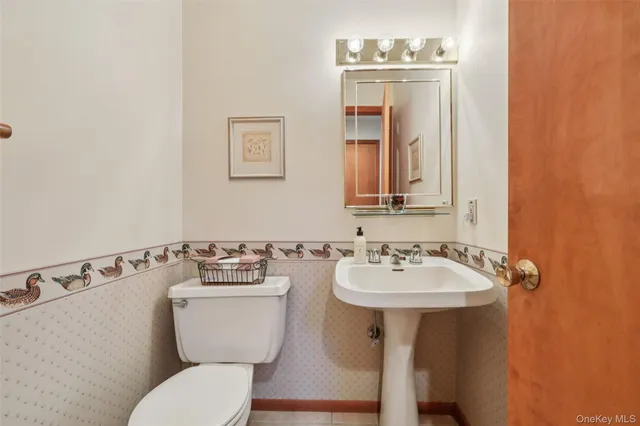 a bathroom with a sink mirror and toilet