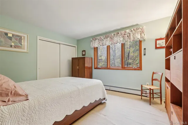 a bedroom with a bed and a closet