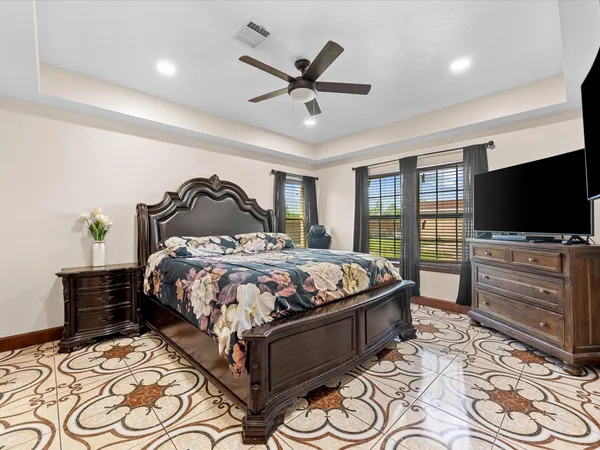 a bedroom with a bed and a flat screen tv
