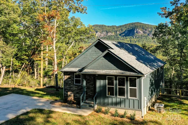 a view of a house with a big yard potted plants and large tree