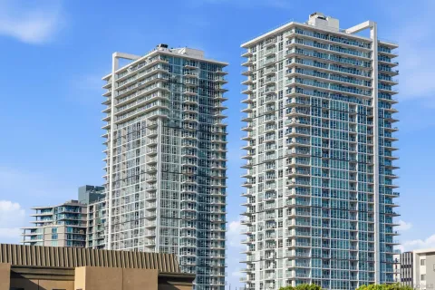 a view of a city that has tall buildings