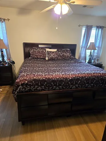 a bedroom with a bed