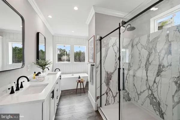 a bathroom with a double vanity sink mirror and shower