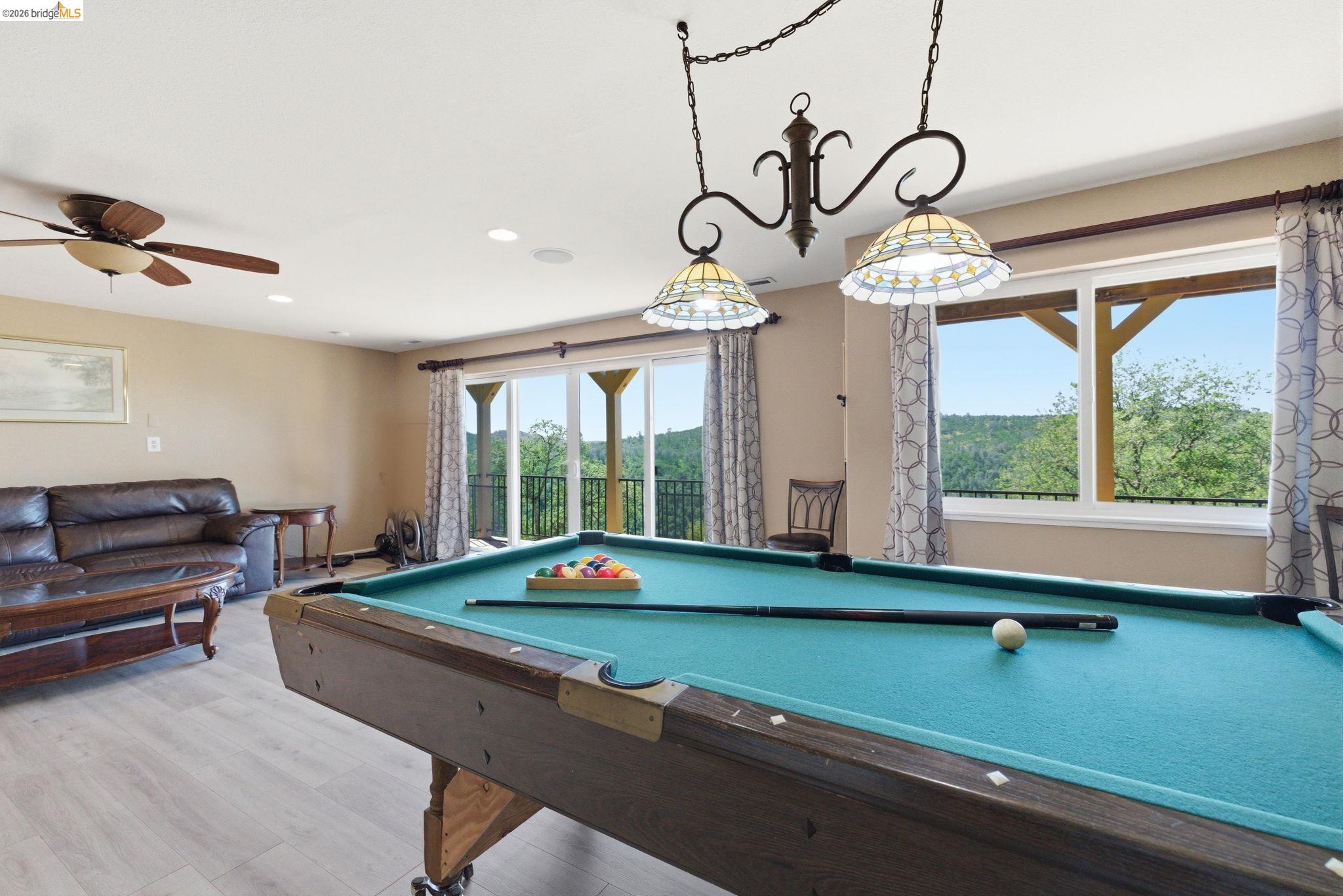 12808 Mammoth Mine Road Jamestown, CA 95327 - Photo 29 of 60 Playroom featuring light wood finished floors, a ceiling fan, billiards, and recessed lighting