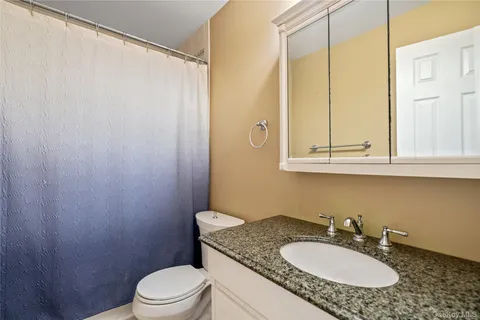 a bathroom with a granite countertop sink toilet and a mirror