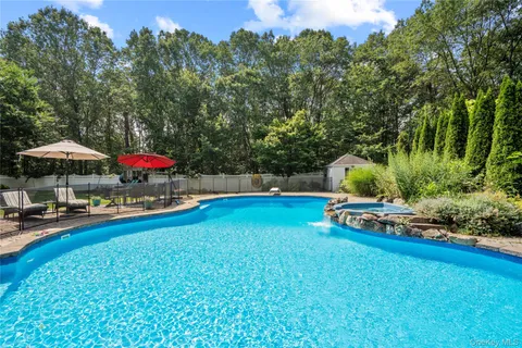 a garden view with a seating space