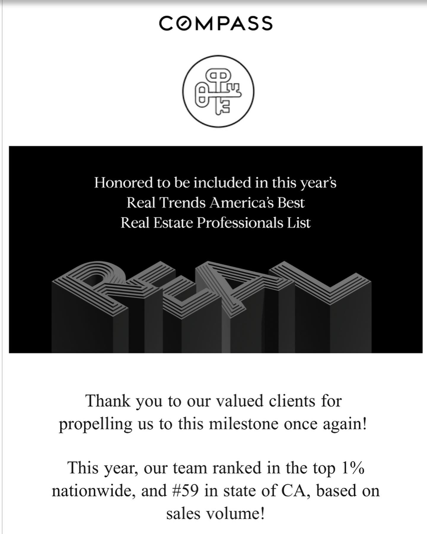 A text banner boasting our teams top sales volume ranking in California