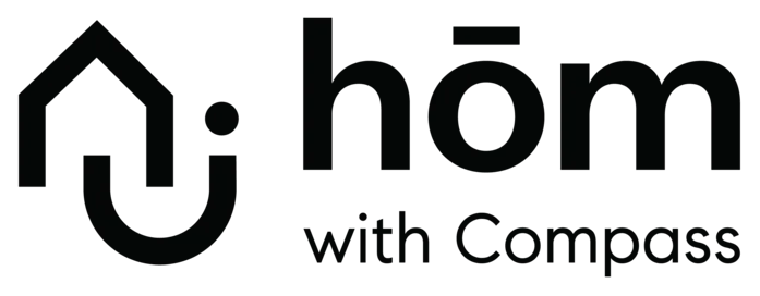 A bold black design featuring 'hōm with Compass', creatively blending a house with a smile, embodying the joy and happiness associated with finding your ideal hōm with us!