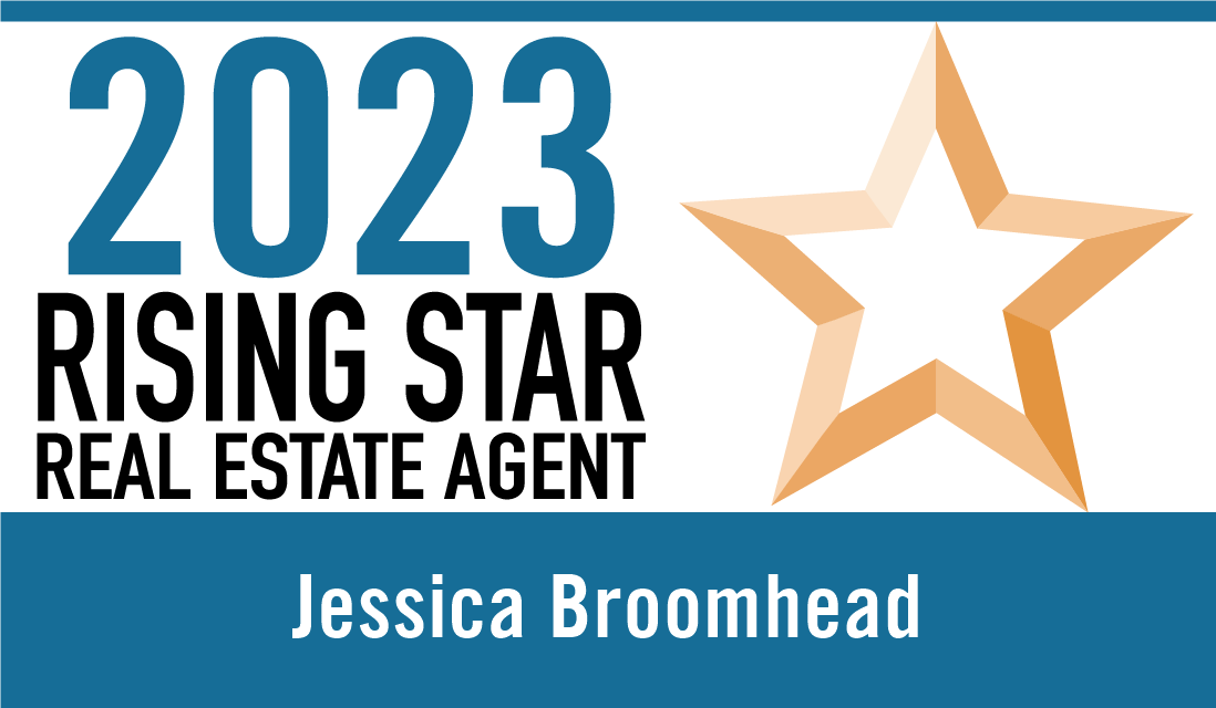 A text banner describing Broomhead as a rising star 2023 estate agent.