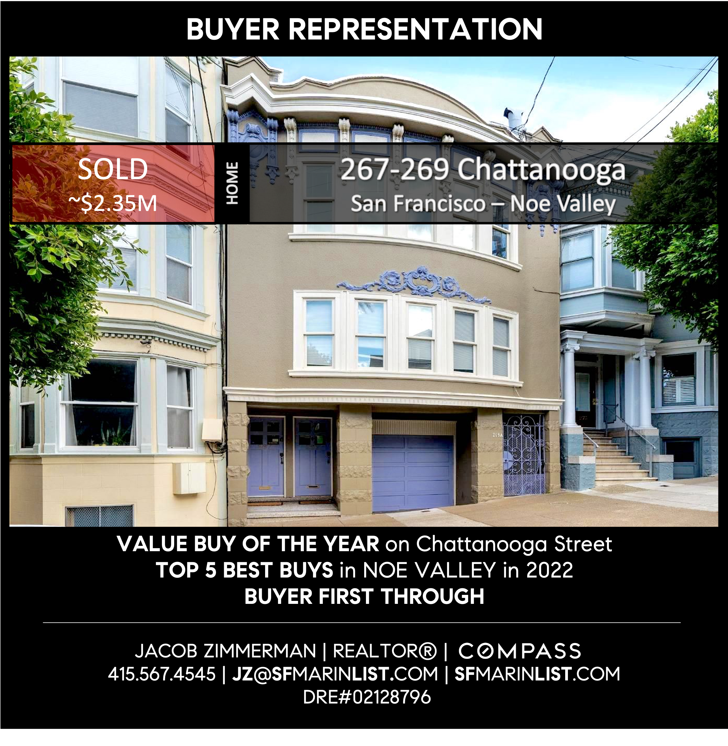 A text banner depicting VALUE BUY OF THE YEAR in Chattanooga Street and highlighting the TOP 5 BEST BUYS in Noe Valley in 2022. The contact information for potential buyers is BUYER2022267-269262415567454502128796.