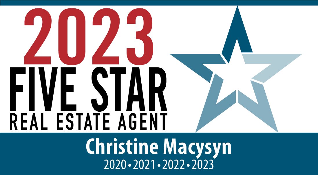A text banner describing Christine Macysyn, a real estate agent.