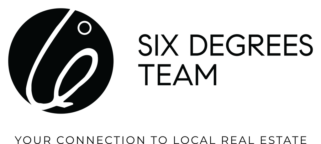 A black circle with a 6 in it and the words Six Degrees Team in black and white with the words your connection to local real estate