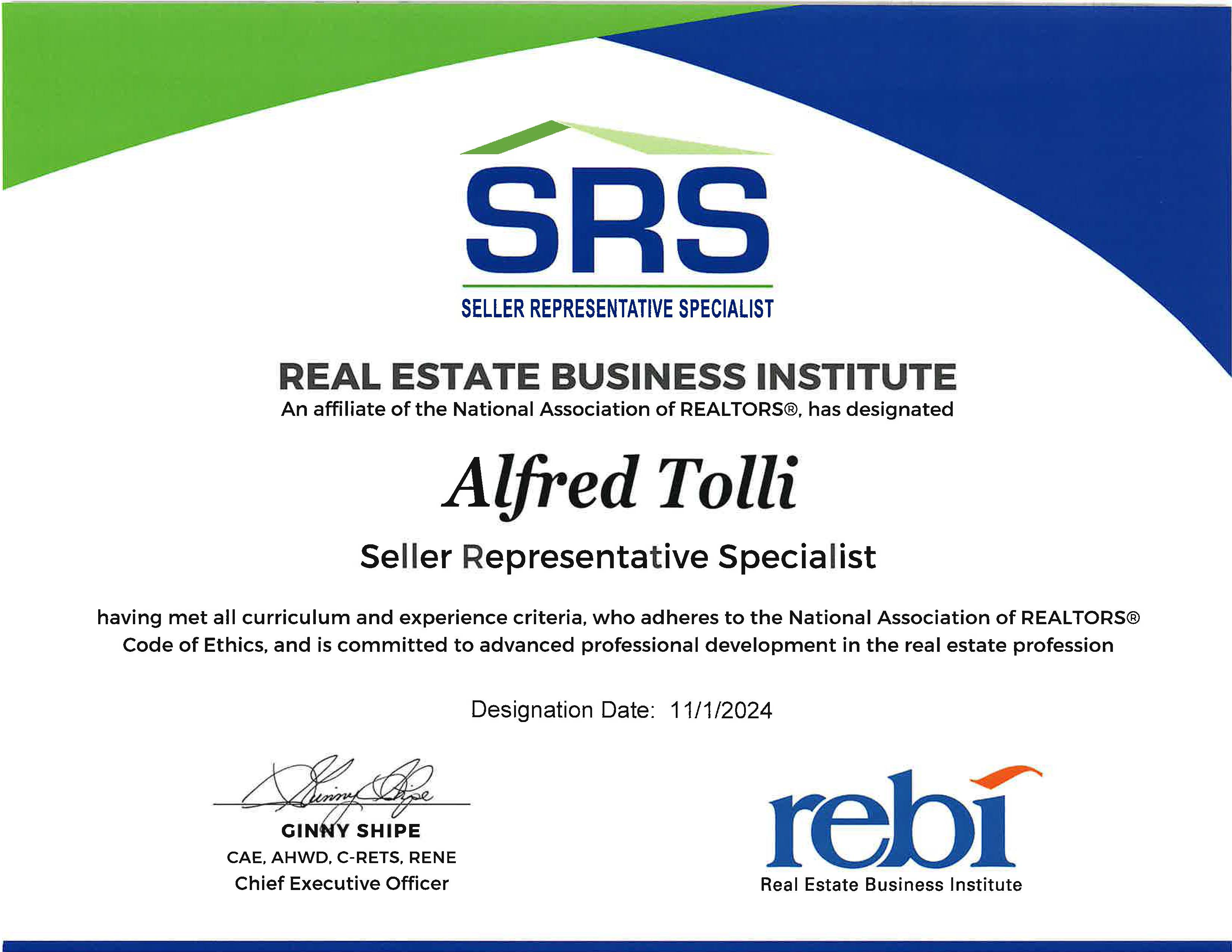 Alfred "Alfie" Tolli is now a designated Seller Representative Specialist! (SRS)