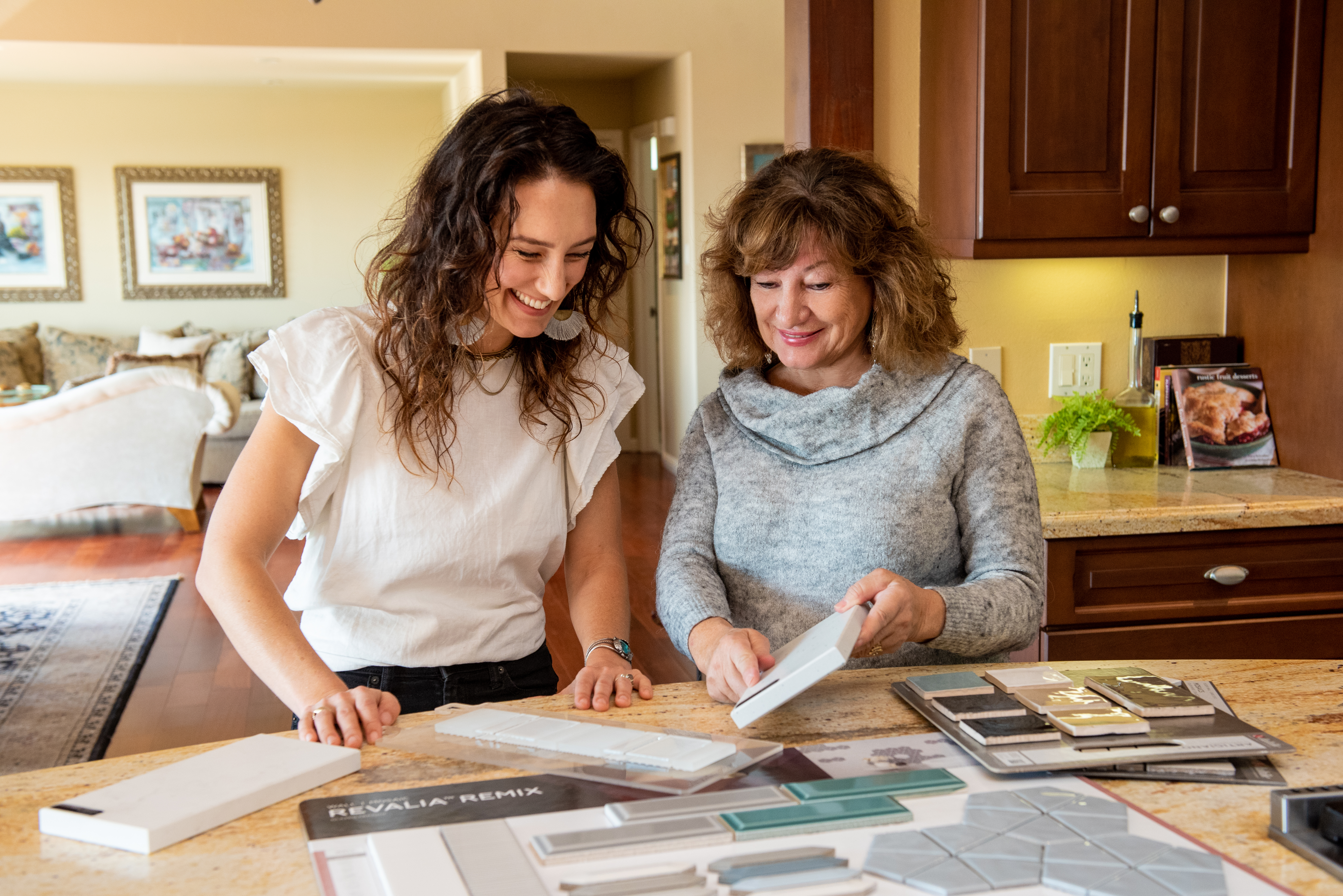 Gina and Wayka Bartolacelli selecting designer materials for a listing; project management; home renovation; listing launch; Compass Concierge; Casa Bartolacelli; kitchen remodel; bathroom remodel; Marin County real estate
