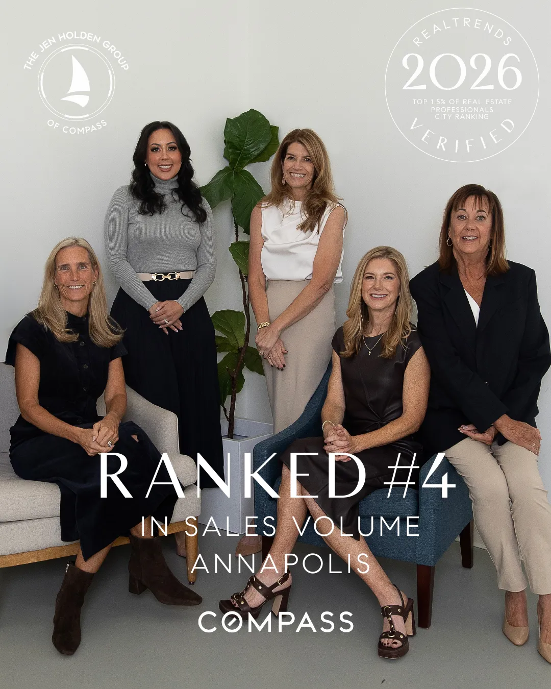 The Jen Holden Group team, ranked #4 in sales volume in Annapolis by Compass, RealTrends verified 2026
