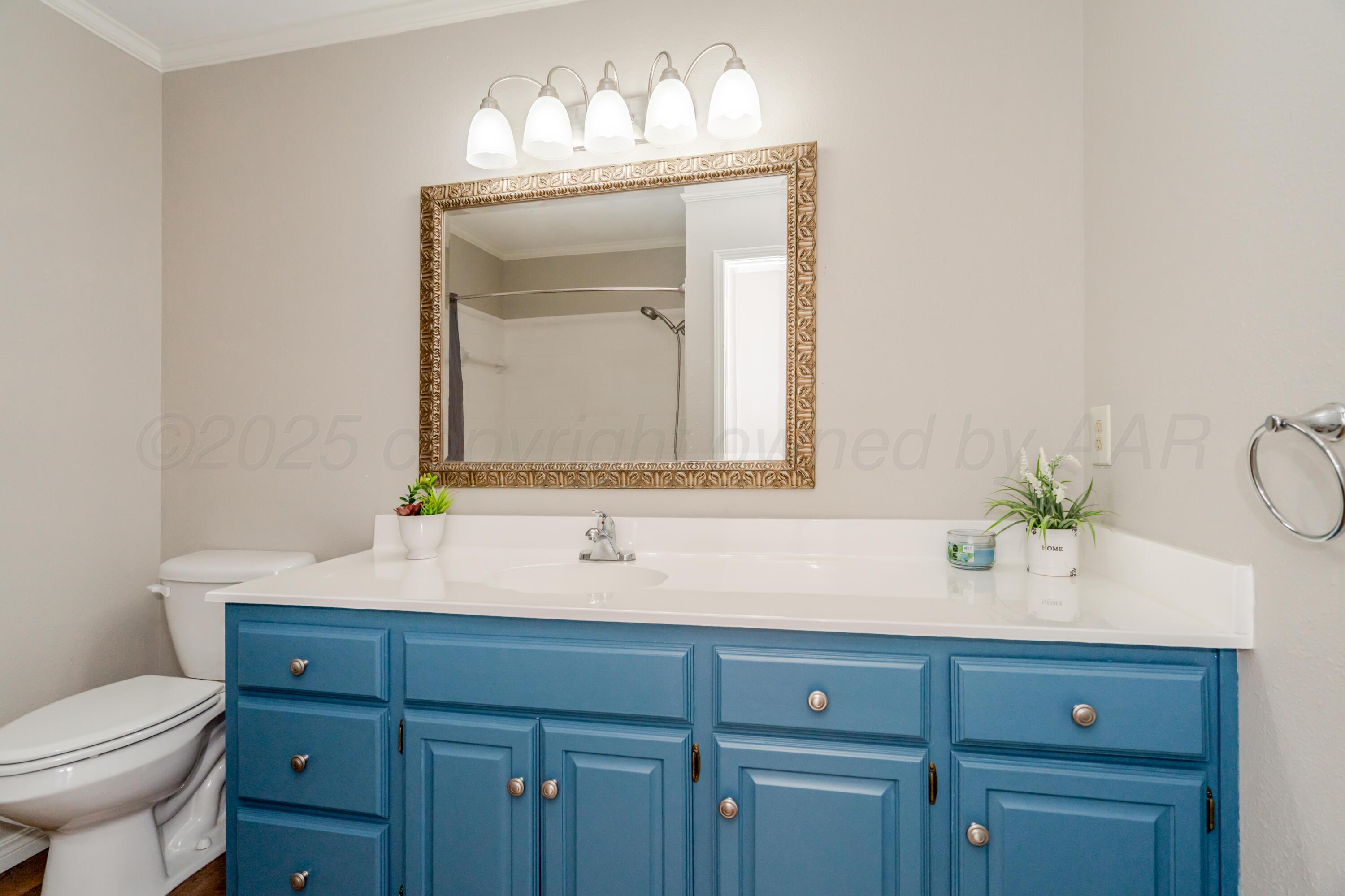 6106 Belpree Road Amarillo, TX 79106 - Photo 29 of 33 a bathroom with a sink vanity and a mirror