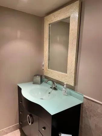 a bathroom with a sink a mirror and vanity