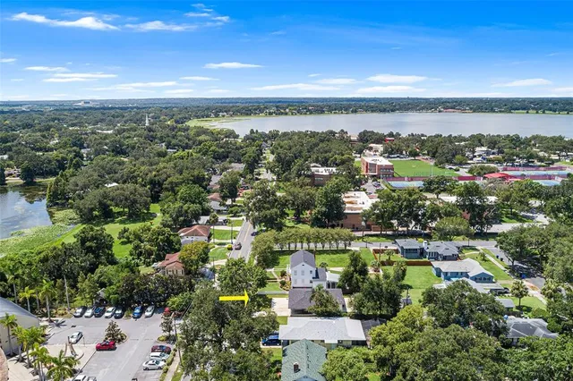 an aerial view of residential houses with outdoor space and trees