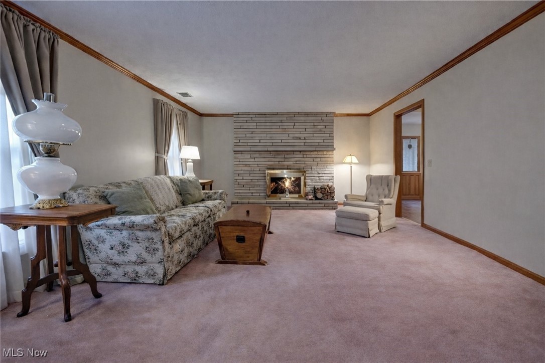14965 Seacrist Road Salem, OH 44460 - Photo 5 of 43 Living room featuring a fireplace, carpet flooring, and ornamental molding
