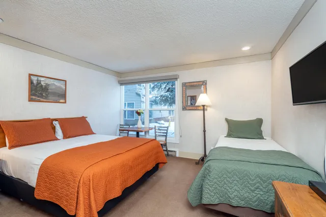 a bedroom with a bed and tv