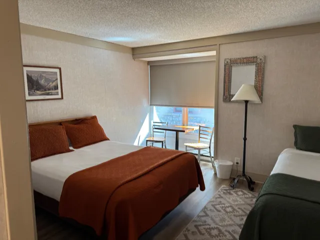 a bedroom with a bed and a desk