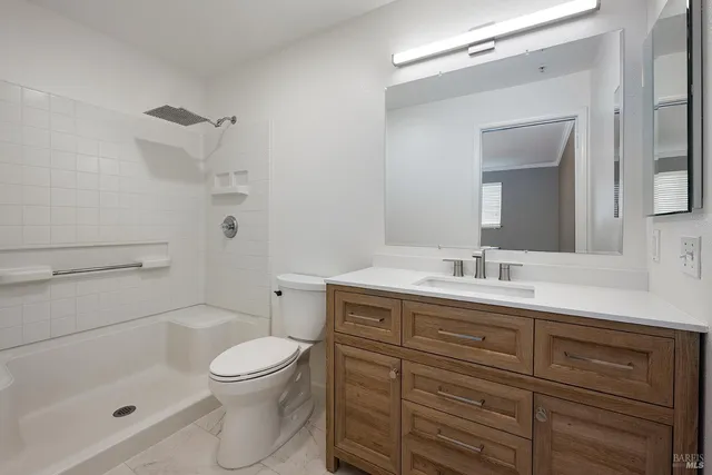 a bathroom with a toilet sink vanity granite and shower