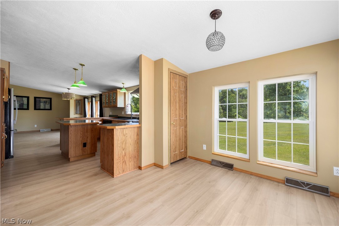 294 Twp 150 Road Sullivan, OH 44880 - Photo 11 of 39 Open-concept kitchen and dining area featuring wood-finish flooring, two large windows, a decorative pendant light, and a built-in pantry with a wood-finish door