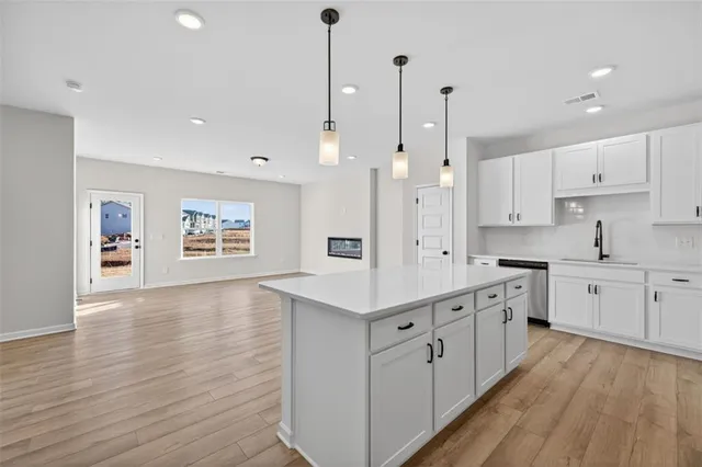 a kitchen with stainless steel appliances sink stove and wooden floor