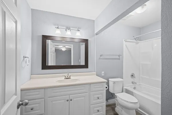 a bathroom with a toilet a sink a mirror a bathtub and vanity