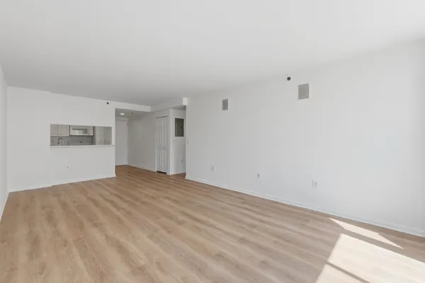 a view of empty room with wooden floor
