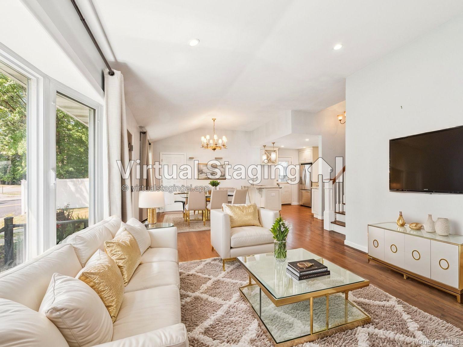 247 Woods Road North Babylon, NY 11703 - Photo 15 of 43 a living room with furniture a flat screen tv and a floor to ceiling window