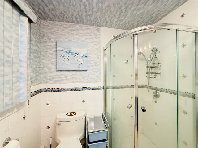 a bathroom with a shower and a toilet