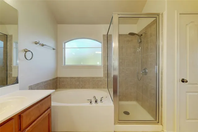a bathroom with a bathtub a shower a sink and a mirror