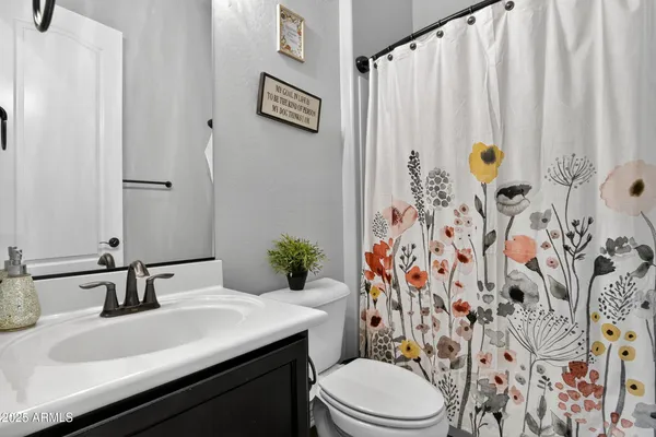 a bathroom with a sink a toilet and shower curtain