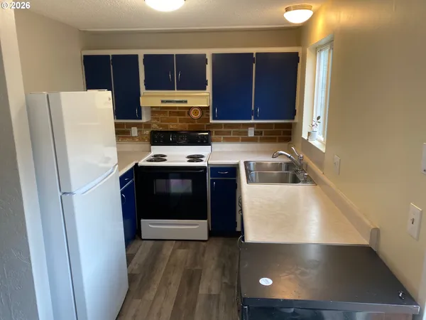 a kitchen with a refrigerator and a sink