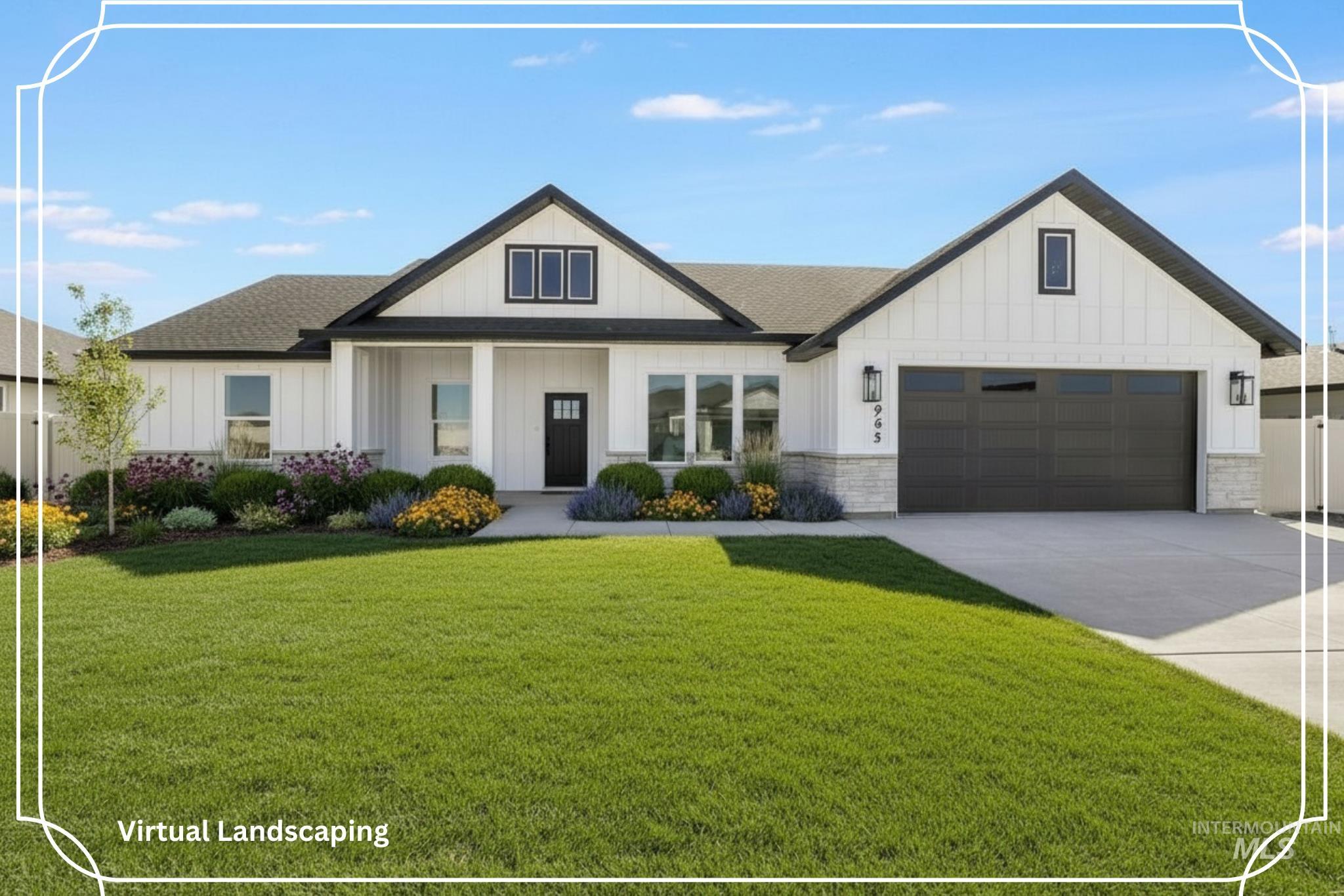 Modern inspired farmhouse with board and batten siding, covered porch, a front lawn, driveway, and stone siding