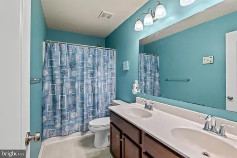 a bathroom with a double vanity sink toilet and shower