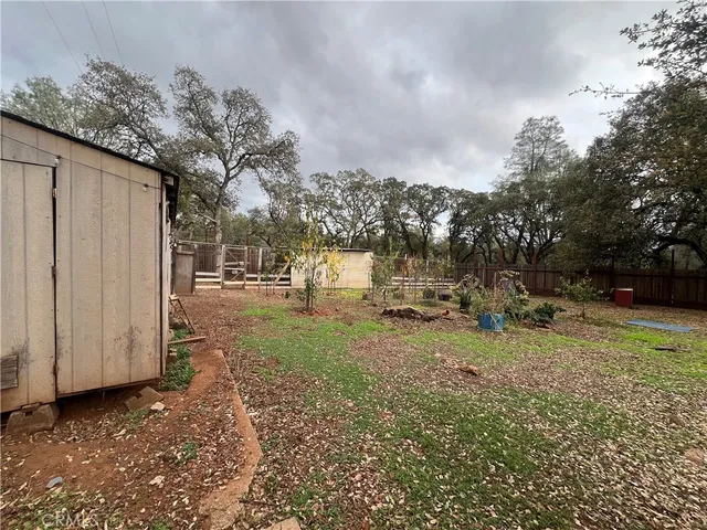 a view of a backyard with large trees