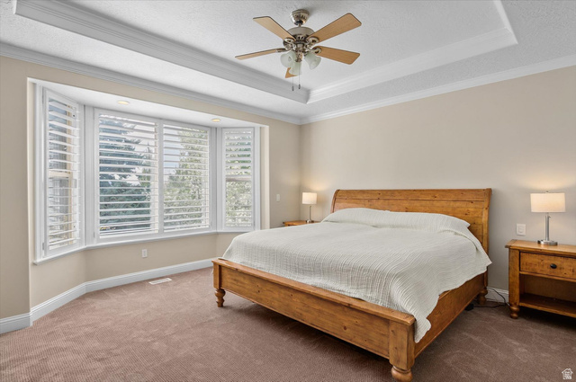 1456 Firelight Way Sandy, UT 84092 - Photo 6 of 22 Bedroom with ornamental molding, carpet flooring, ceiling fan, and a raised ceiling