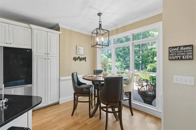a view of a dining room with furniture window and wooden floor