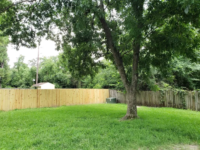 a view of a backyard with large tree and wooden fence