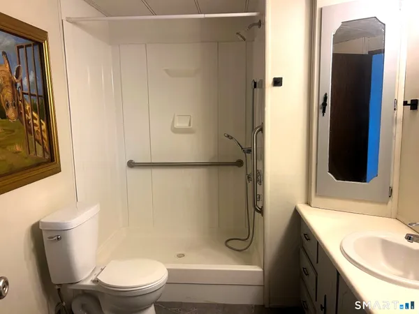 a bathroom with a granite countertop sink toilet and shower