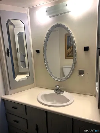 a bathroom with a sink and a mirror