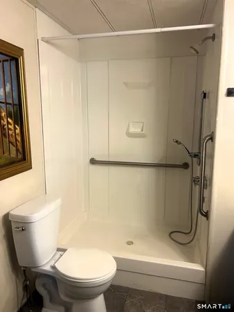 a bathroom with a toilet and a shower