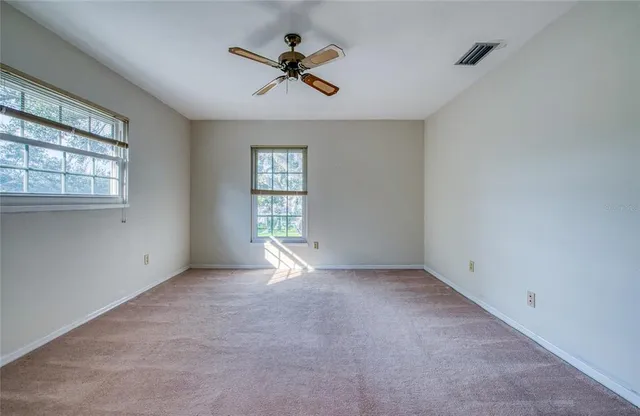 a backyard of a house with plants and large trees