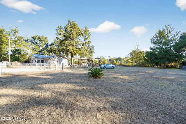 a view of a yard with a tree