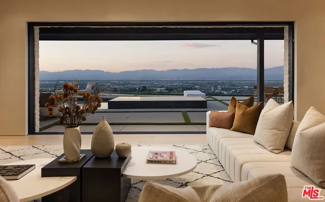 a view of a balcony with furniture and a potted plant